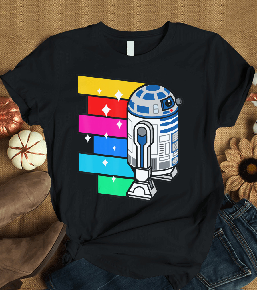 Star Wars R2 D2 Rainbow Roll with Colorful Sparkling Panels T-Shirt