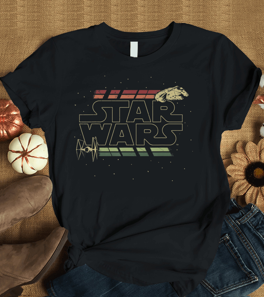 Star Wars Millennium Falcon and TIE Fighter Retro Stripe Line T-Shirt