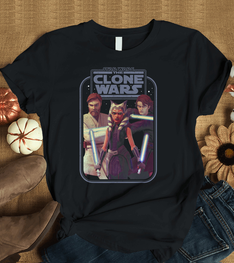 Star Wars The Clone Wars Obi-Wan Ahsoka Anakin Lightsaber Group Shot T-Shirt