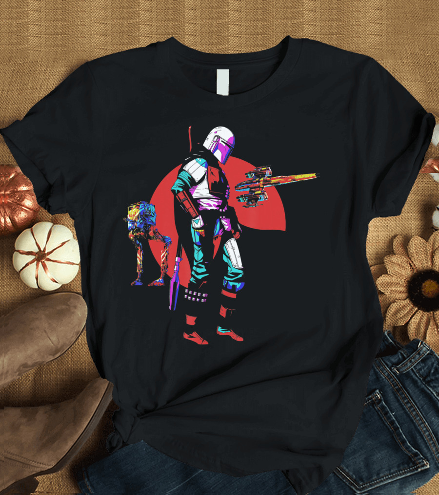 Star Wars The Mandalorian and Walker Against Red Sun with Spaceship T-Shirt