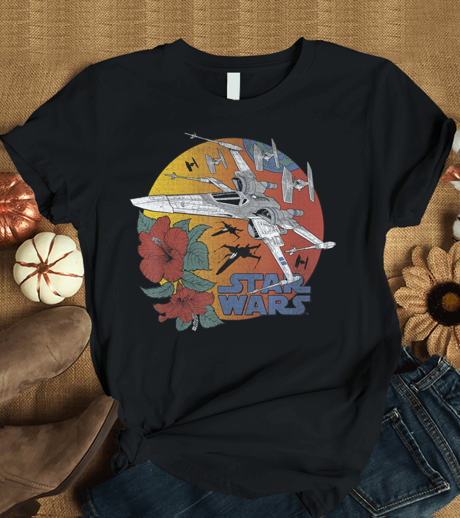 Star Wars Tropical X Wing with Hibiscus and TIE Fighters Circle T-Shirt