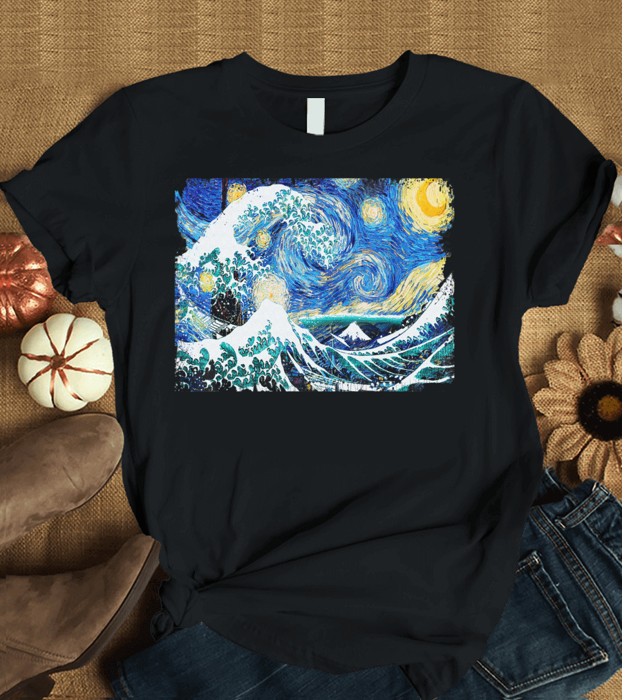 Starry Night Great Wave Van Gogh Katsushika Hokusai Painting Fusion T-Shirt