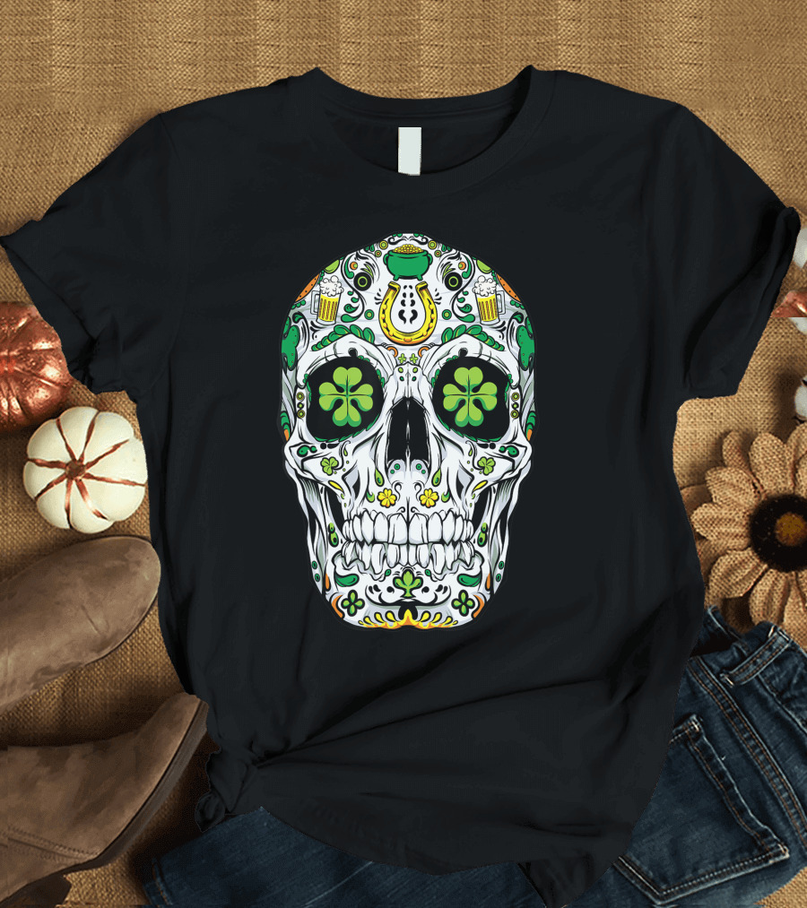 Sugar Skull St Patricks Day Shamrock Day of the Dead Women T-Shirt