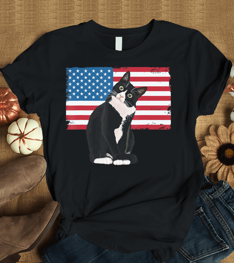 Tuxedo Cat 4th of July Patriotic Adults Kids American Flag T-Shirt