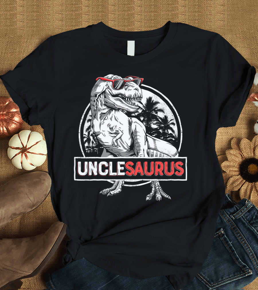 UNCLESAURUS Rex Dinosaur with Sunglasses Tropical Background T-Shirt