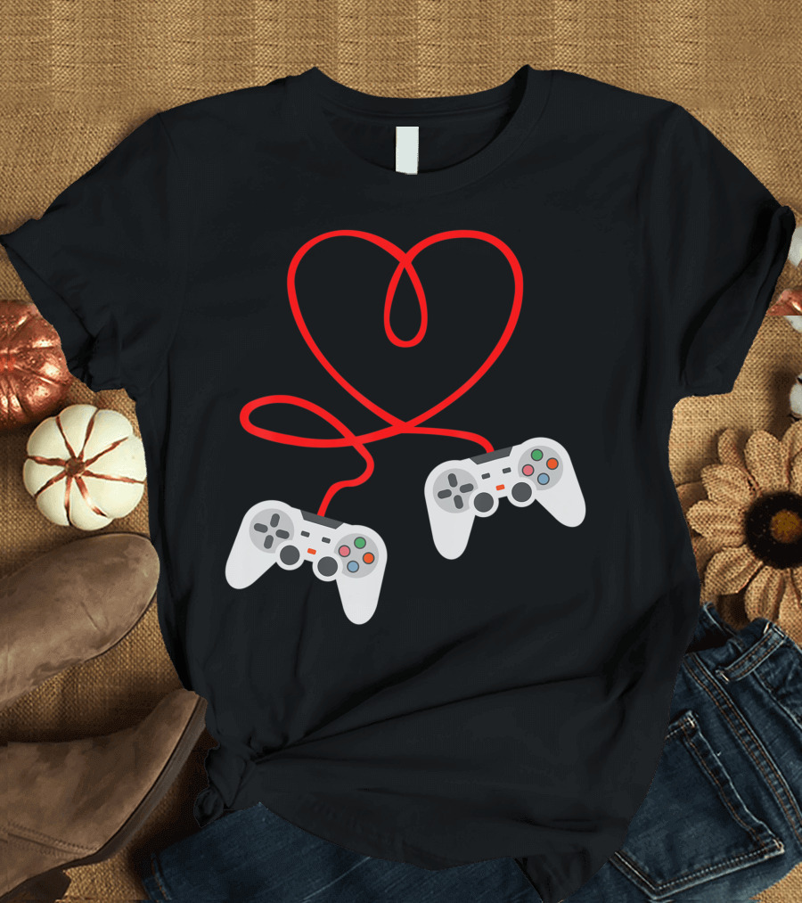Video Gamer Heart Shaped Valentine with Dual Controllers T-Shirt