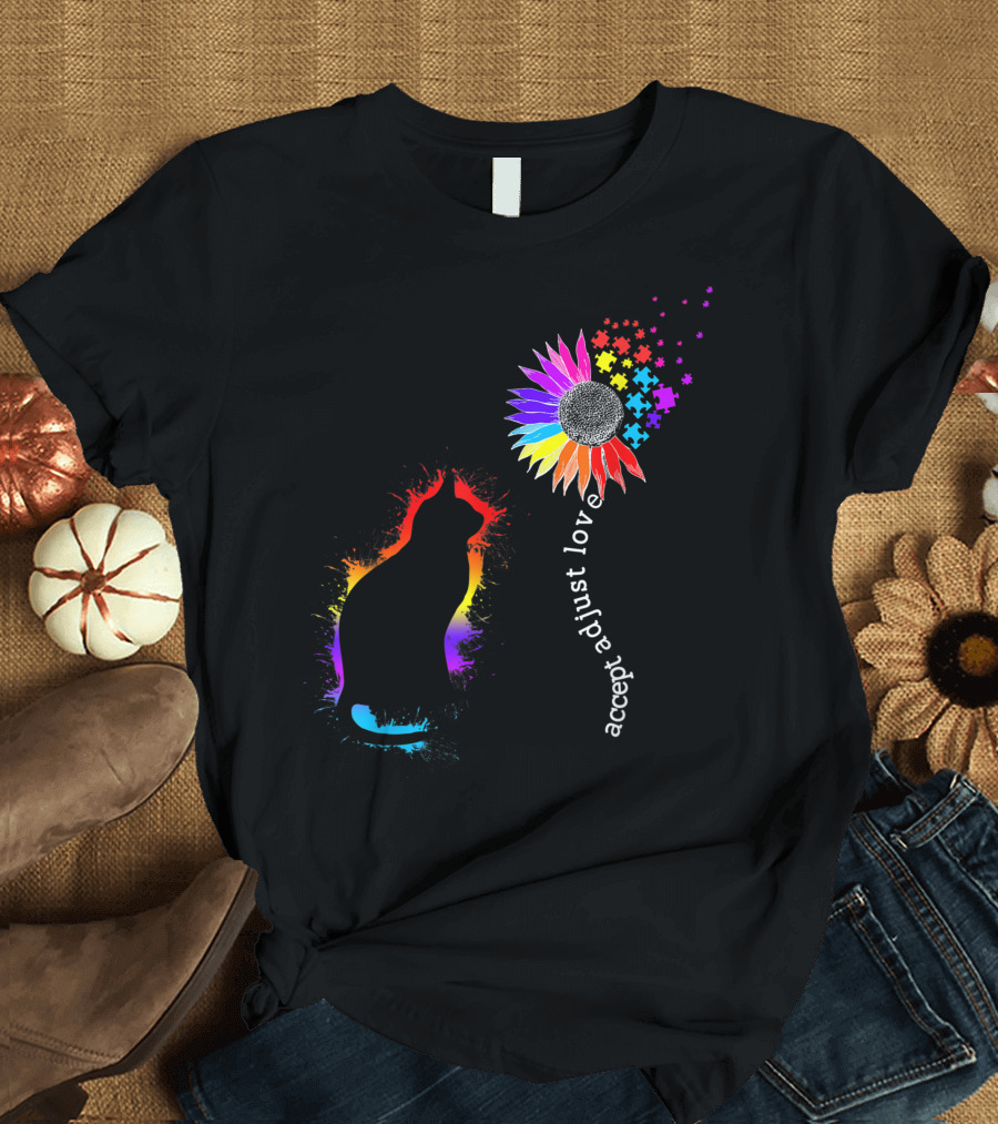 Accept Adjust Love Autism Awareness Cat and Sunflower Puzzle Pieces T-Shirt