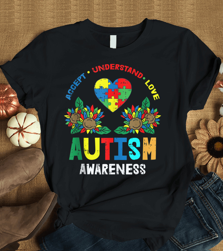 Accept Understand Love Autism Awareness Puzzle Heart with Colorful Flowers T-Shirt