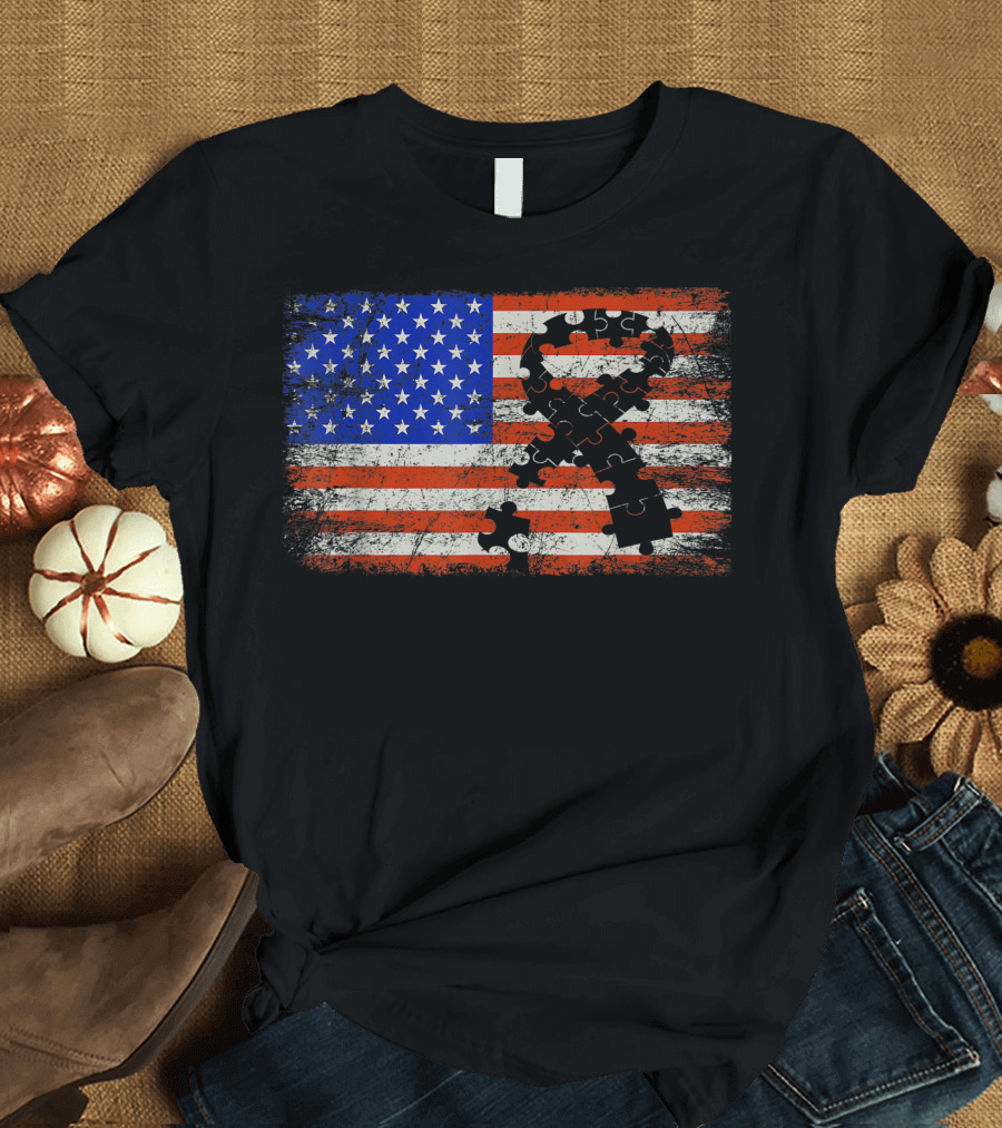 American Flag Puzzle Piece Ribbon Autism Awareness T-Shirt
