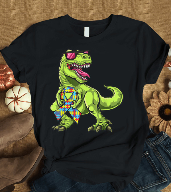 T-Shirt: Autism Awareness Dinosaur Rex Holding Puzzle Ribbon Glasses T-Shirt Autism Awareness Dinosaur Rex Holding Puzzle Ribbon Glasses T-Shirt
