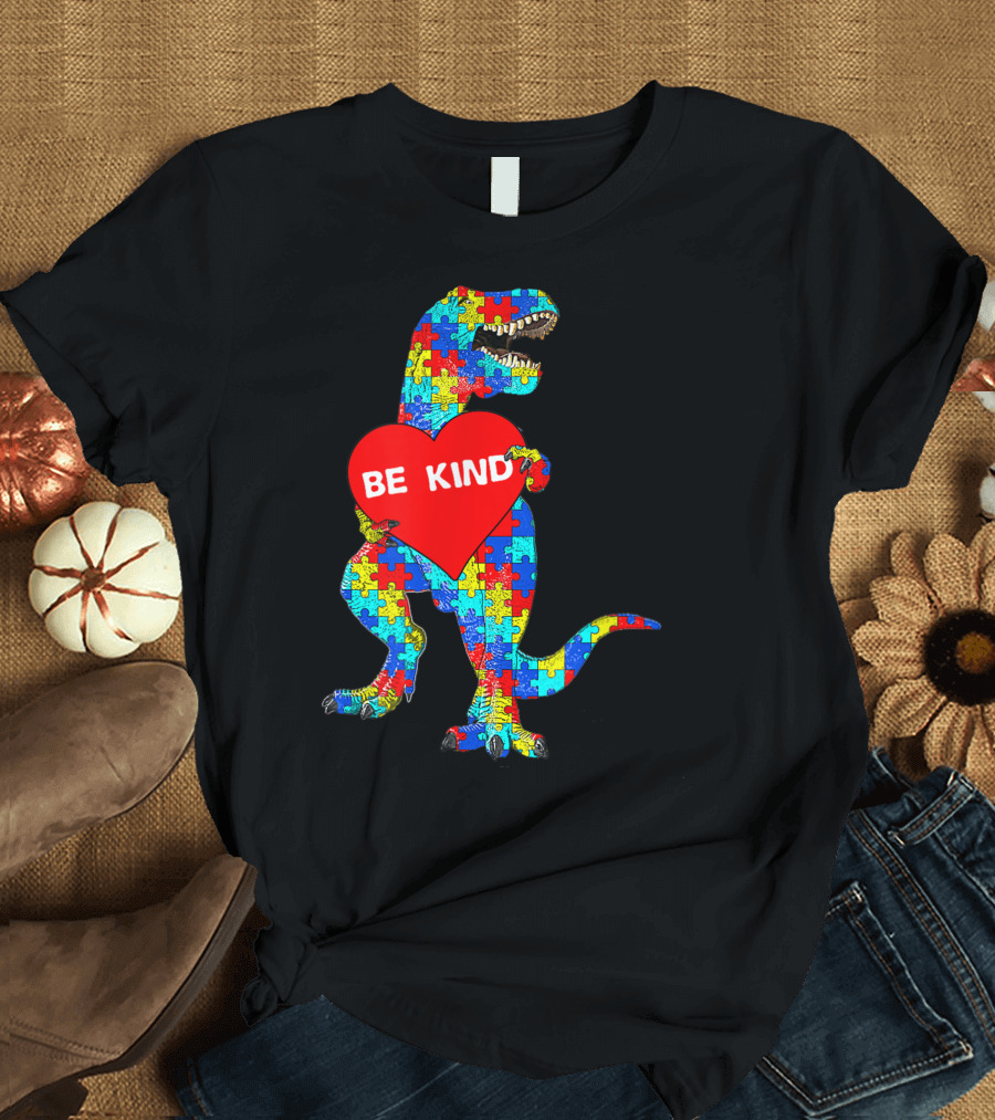 Be Kind Autism Awareness Dinosaur Puzzle Rex T-Shirt