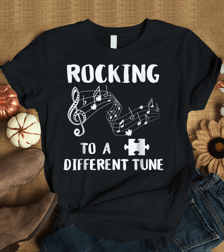 Rocking to a Different Tune Autism Awareness Puzzle Music Notes T-Shirt