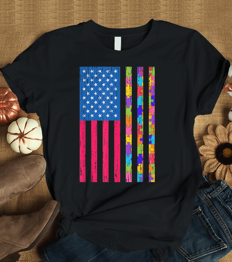 Autism American Flag Distressed Puzzle Pattern for Autism Awareness T-Shirt