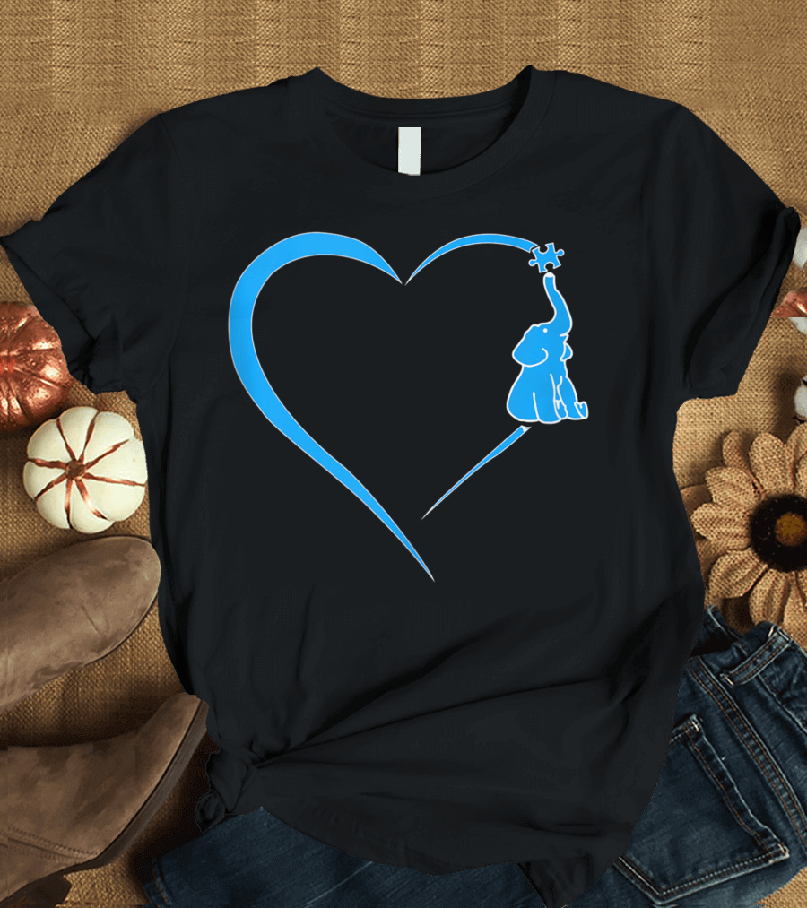 Autism Mom Boy Girl Awareness Blue Heart Elephant Puzzle Piece T-Shirt
