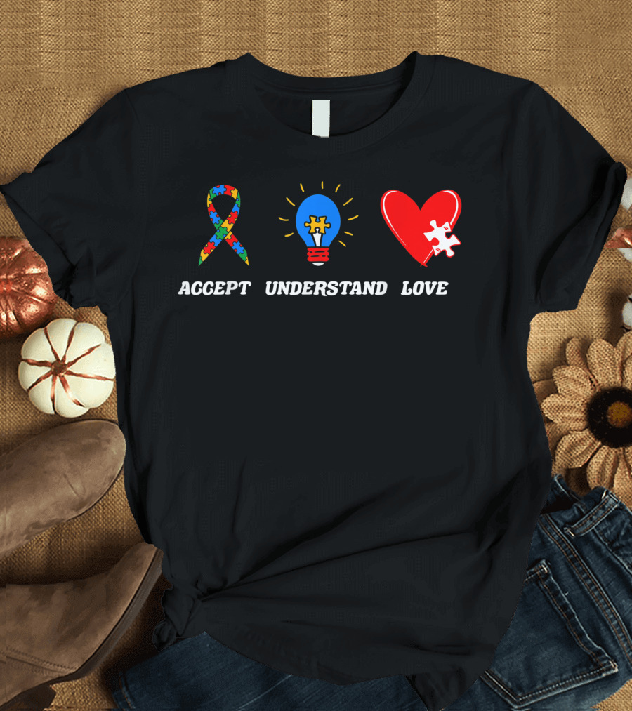 Accept Understand Love Autism Awareness Puzzle Ribbon Lightbulb Heart Neurodiversity T-Shirt