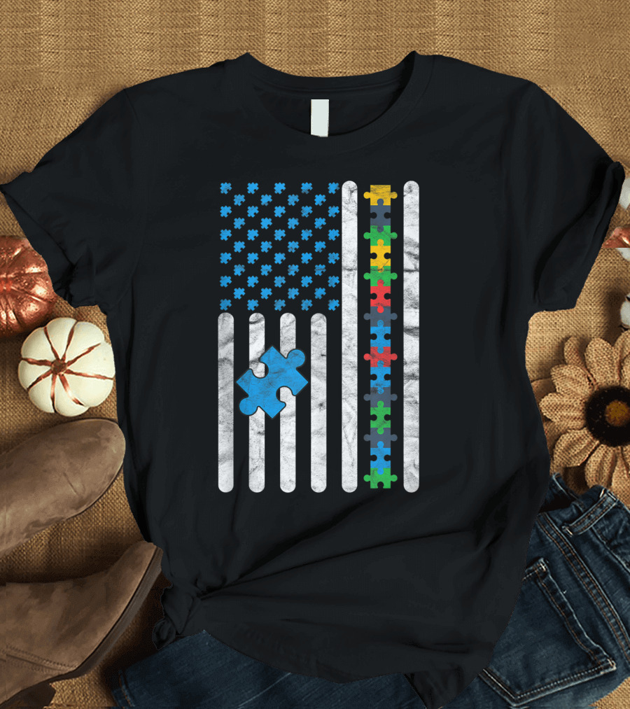 Autism Awareness Puzzle Pieces American Flag Teacher Therapist Autistic T-Shirt