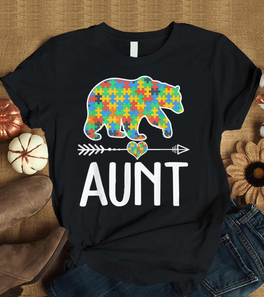 Aunt Bear Puzzle Piece Autism Awareness Support T-Shirt