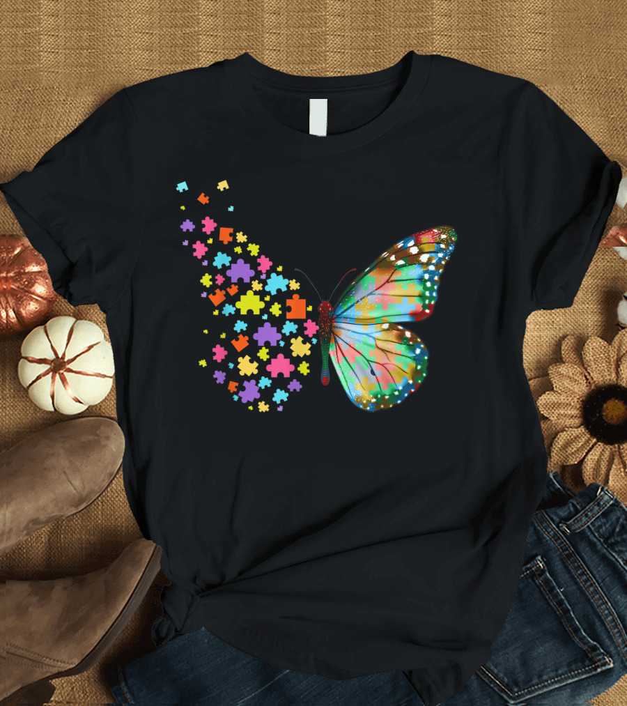 Autism Awareness Peace Lover Puzzle Butterfly T-Shirt