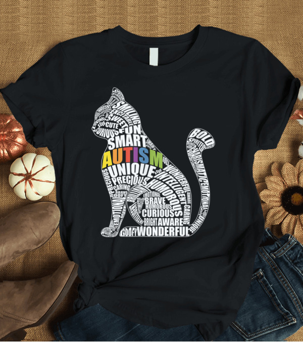 T-Shirt: Autism Awareness Cat with Words like Unique Brave Smart Fun Curious for Autistic Teacher or Student T-Shirt Autism Awareness Cat with Words like Unique Brave Smart Fun Curious for Autistic Teacher or Student T-Shirt
