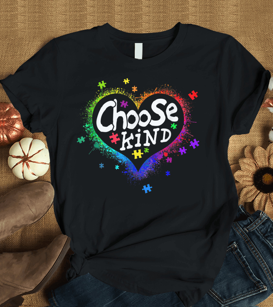 Autism Awareness Choose Kind Puzzle Rainbow Heart T-Shirt