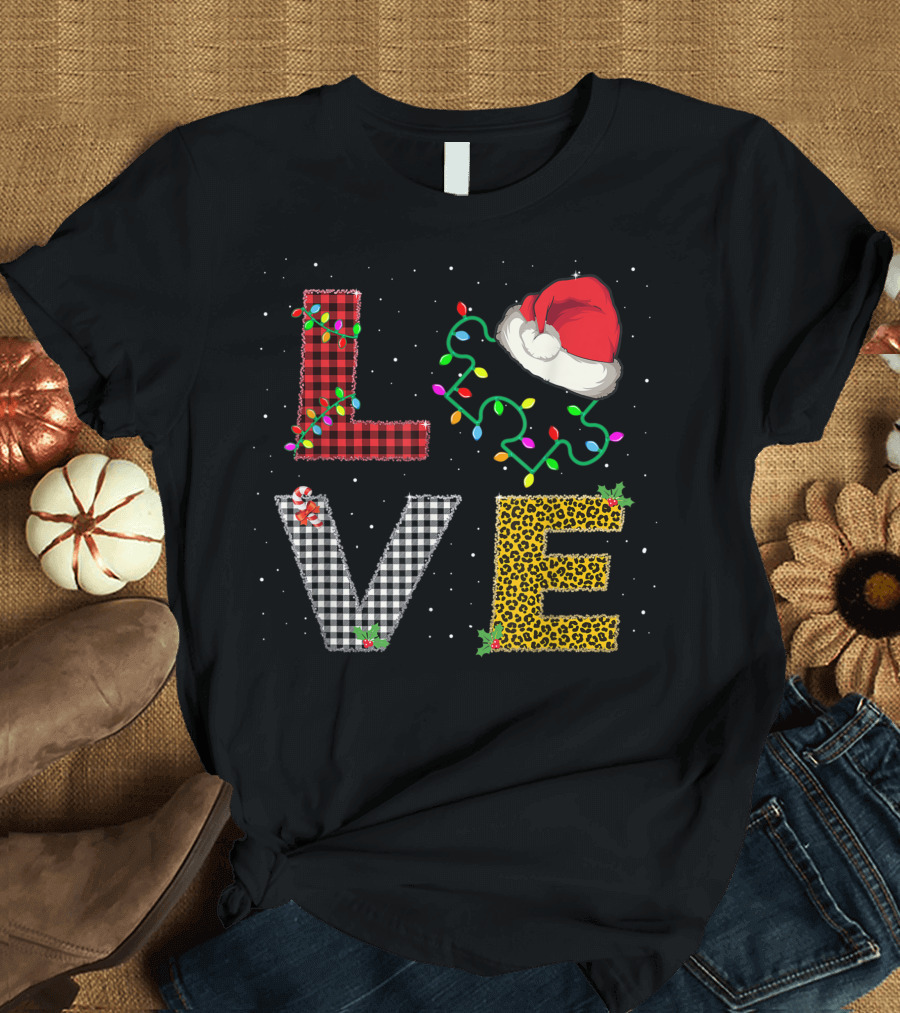 Love Autism Awareness Christmas Red Plaid Leopard Santa Hat Lights T-Shirt