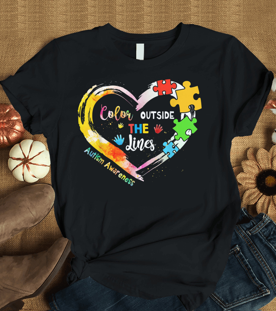 Autism Awareness Color Outside the Lines Heart Puzzle Pieces T-Shirt