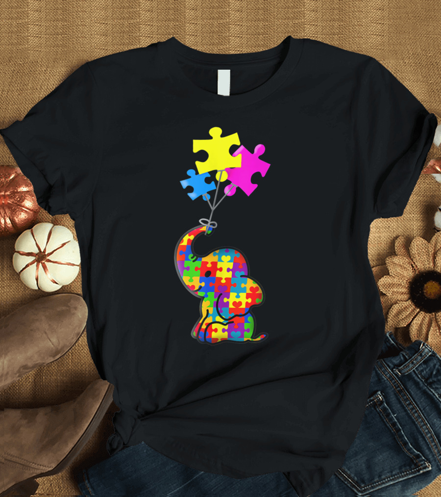 Autism Awareness Cute Elephant with Puzzle Piece Balloons Autism Aware Support T-Shirt