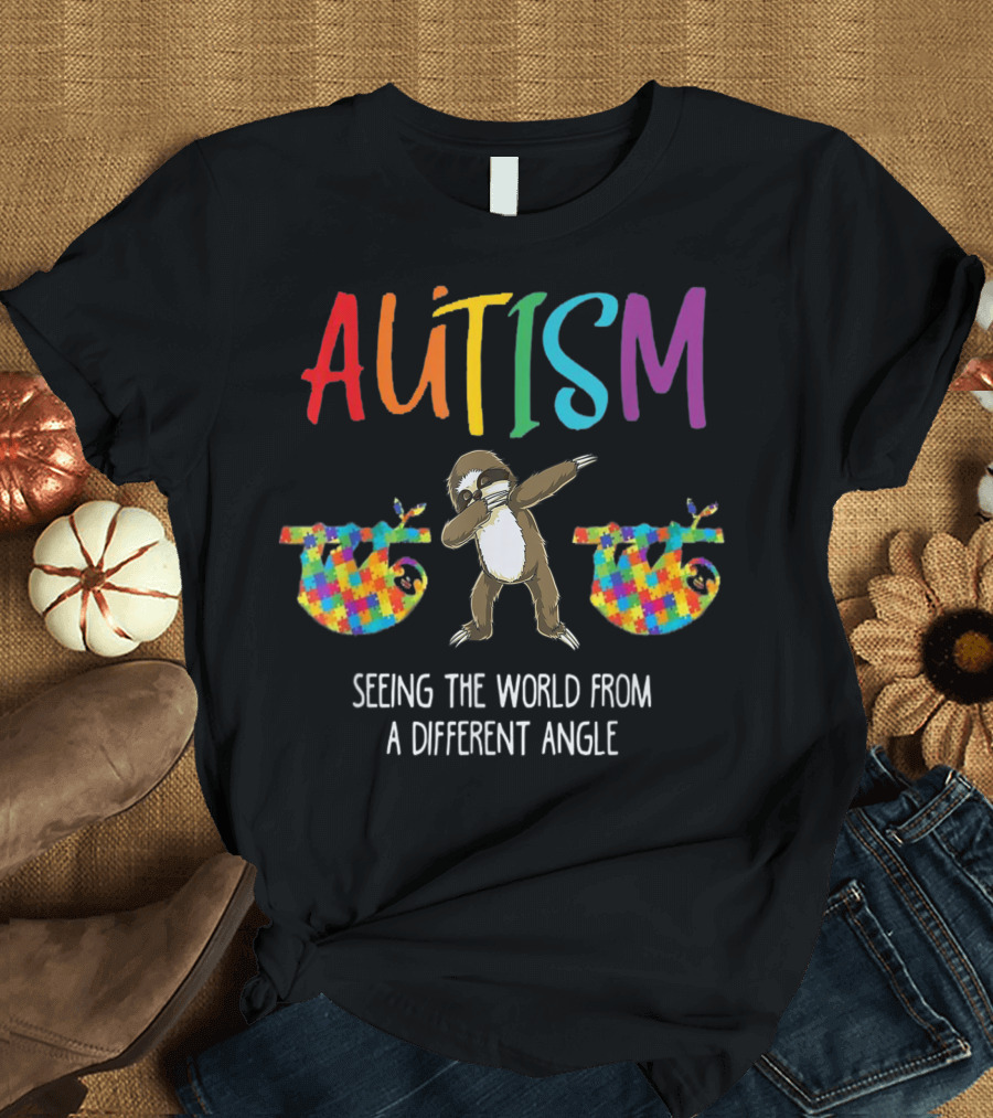 Autism Seeing the World from a Different Angle Cute Sloth Puzzle Colors T-Shirt