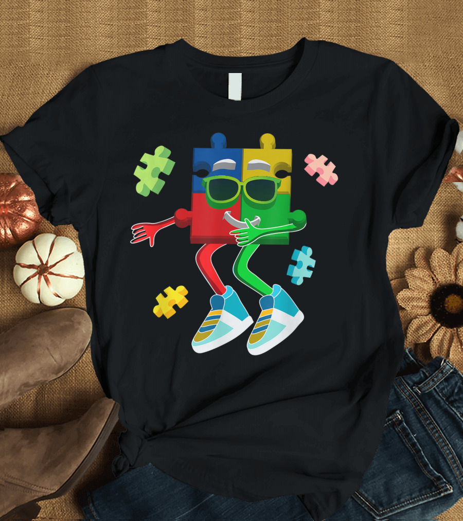 Autism Awareness Puzzle Piece Dabbing Kids Boys Girls Colorful Sneakers T-Shirt
