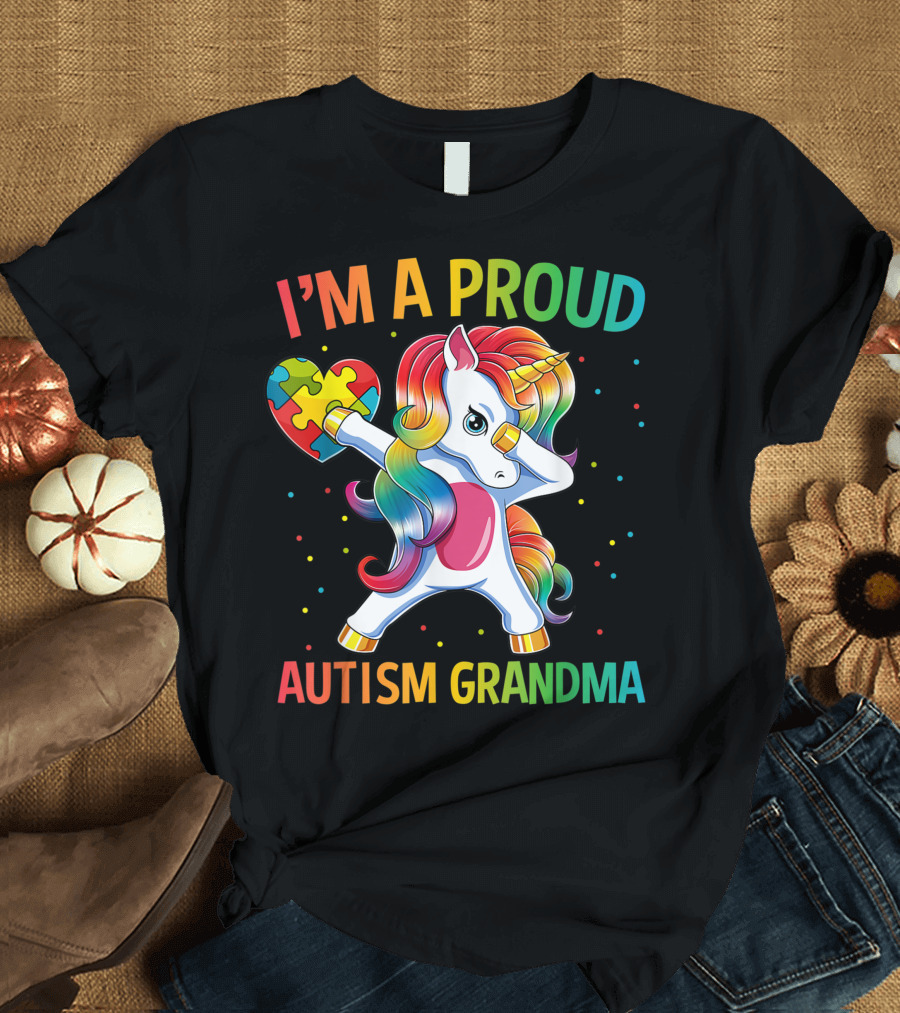 I'm a Proud Autism Grandma Dabbing Unicorn Holding Puzzle Heart T-Shirt