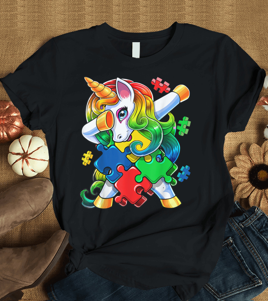 Autism Awareness Dabbing Unicorn Rainbow Puzzle Piece Colors T-Shirt