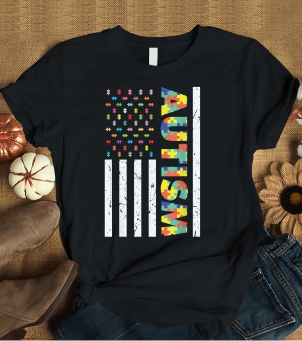 T-Shirt: Autism American Flag Puzzle Pieces Rainbow Awareness Day T-Shirt Autism American Flag Puzzle Pieces Rainbow Awareness Day T-Shirt