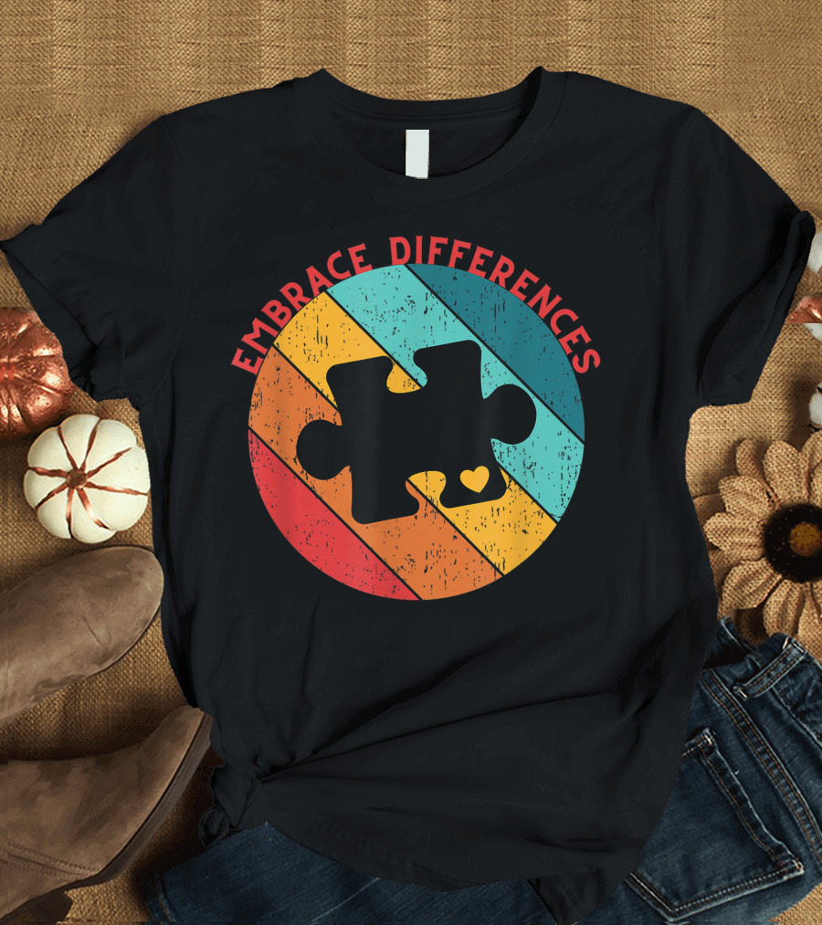 Embrace Differences Autism Awareness Day Autism Dad Puzzle Heart T-Shirt