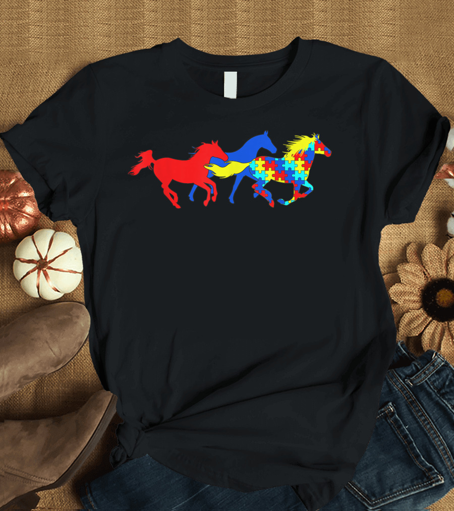 Autism Awareness Horses with Colorful Puzzle Pattern Symbolizing Diversity T-Shirt