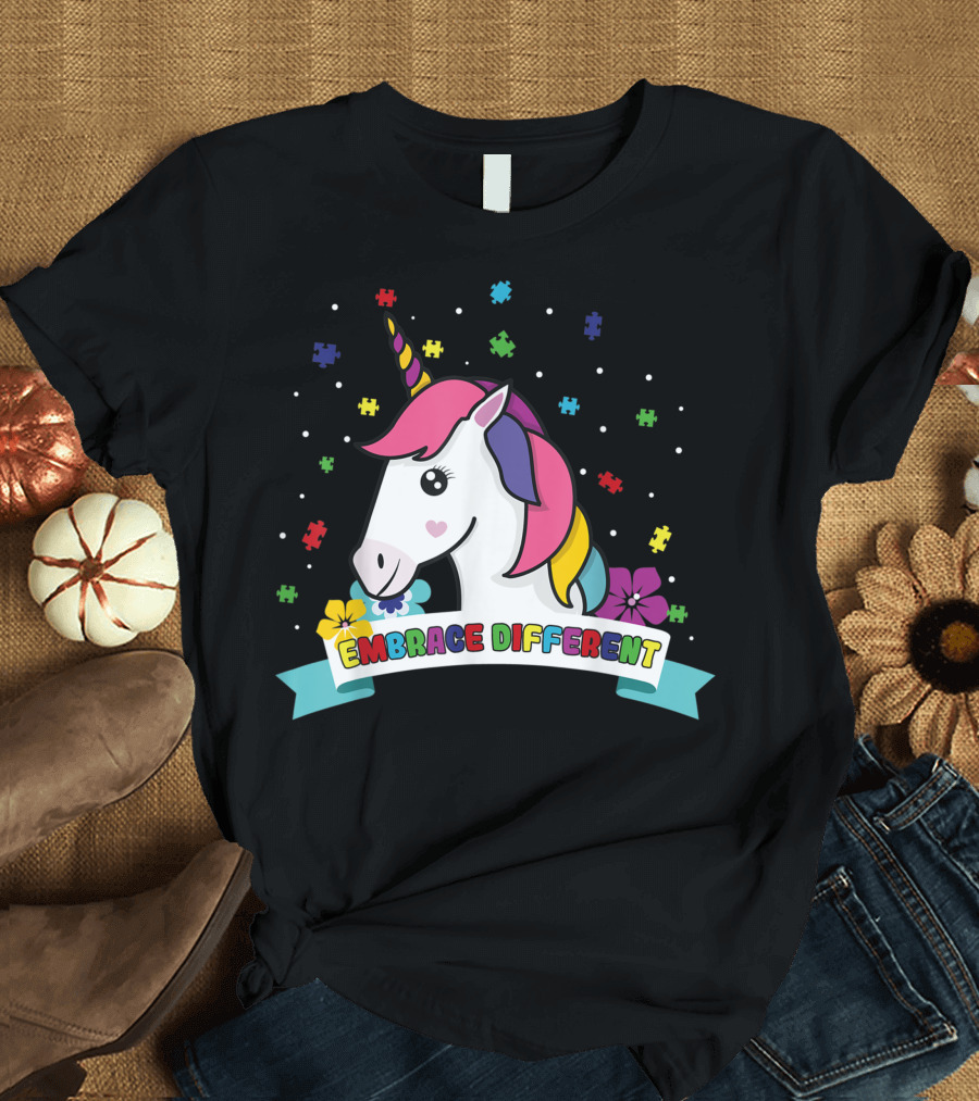 Embrace Different Autism Awareness Unicorn Puzzle Pieces T-Shirt