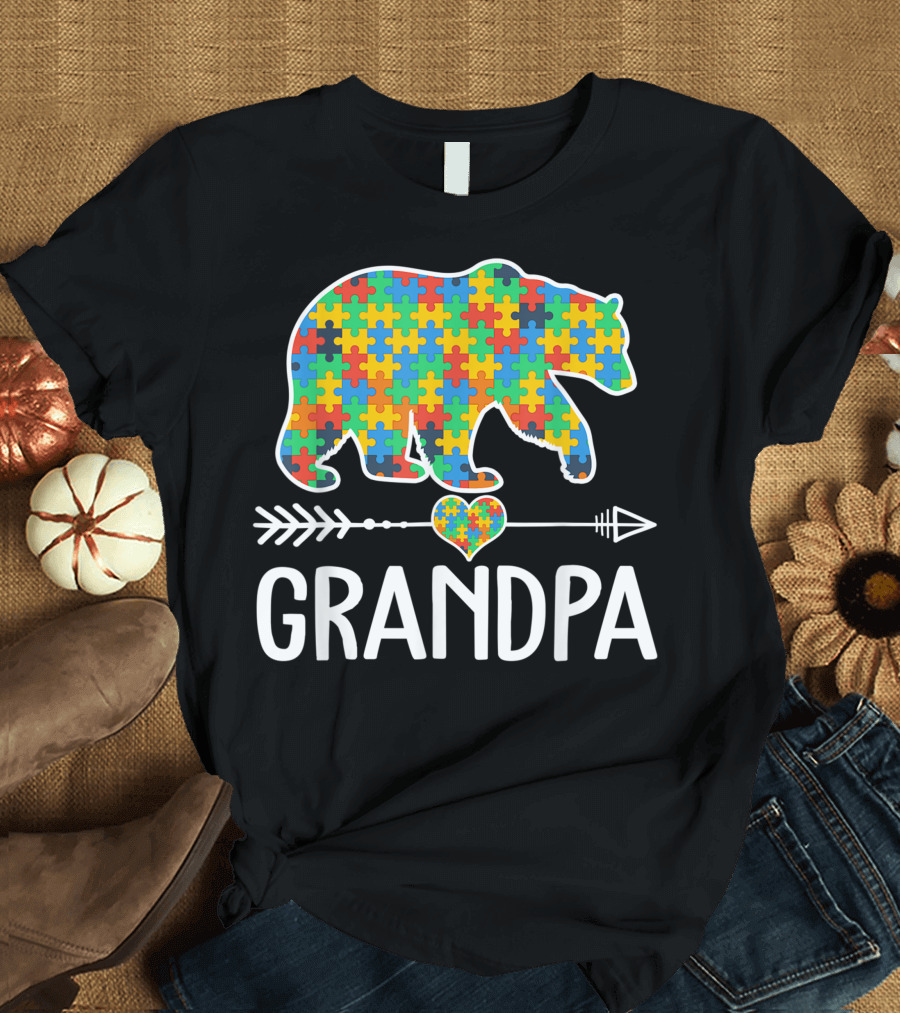 Grandpa Bear Puzzle Piece Heart Autism Awareness Support Autistic T-Shirt