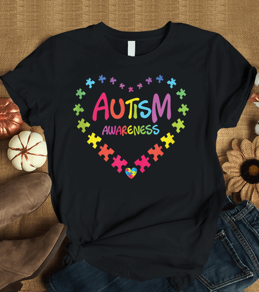 Autism Awareness Heart Puzzle with Colorful Kindness T-Shirt