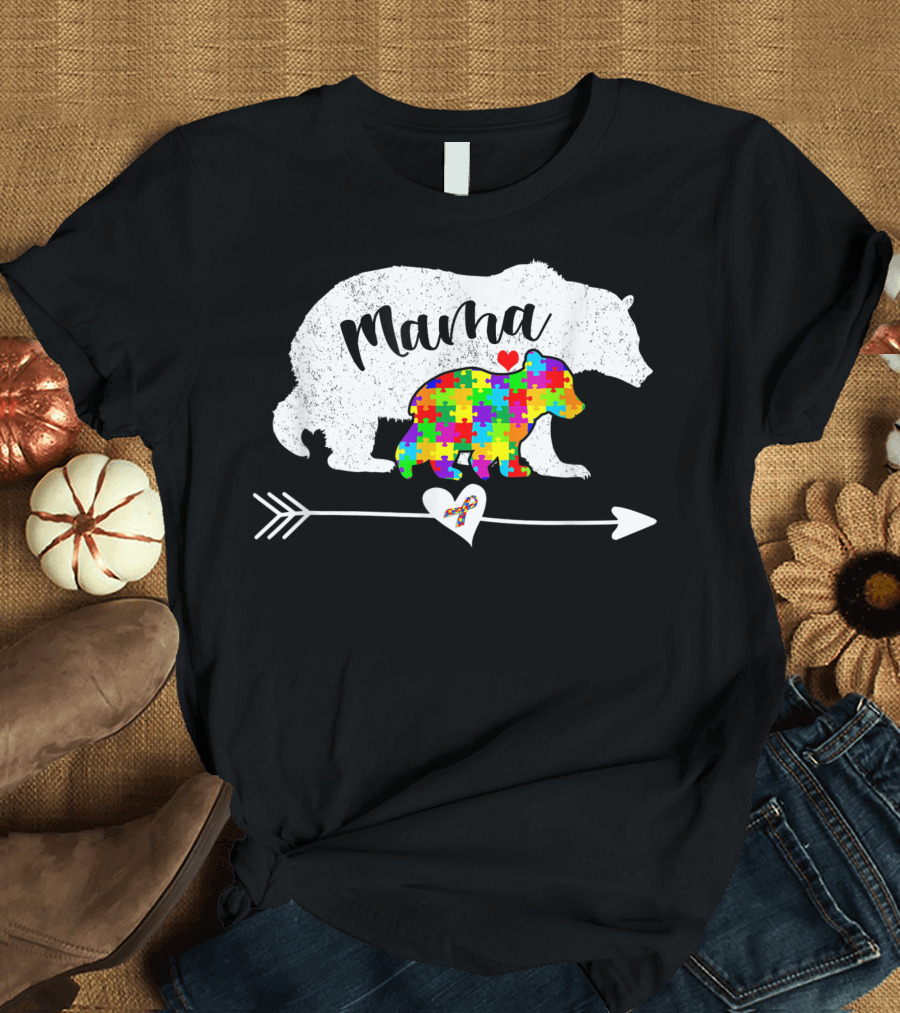 Mama Bear Puzzle Heart Autism Support Pride T-Shirt