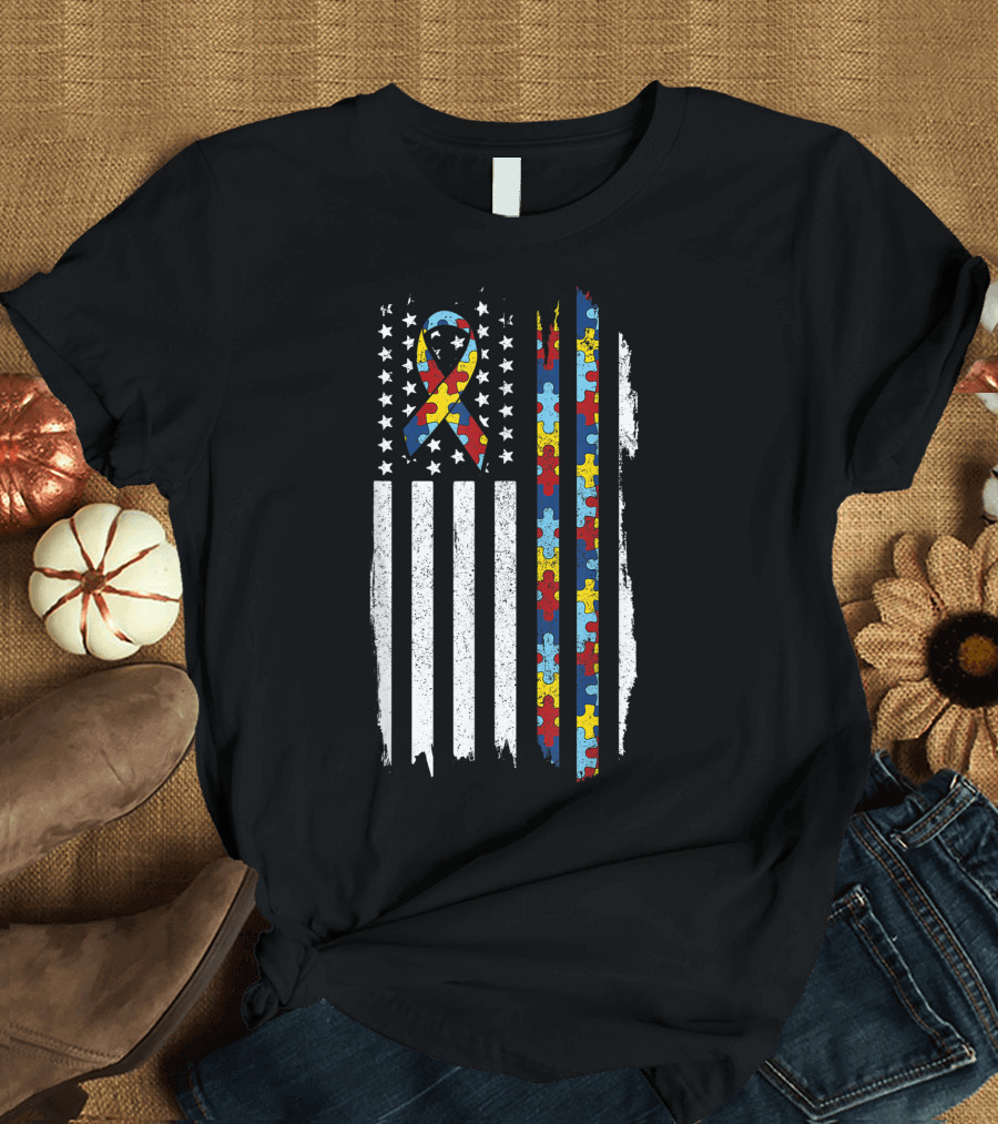 Autism Awareness Month American Flag Puzzle Ribbon Autistic Pride T-Shirt