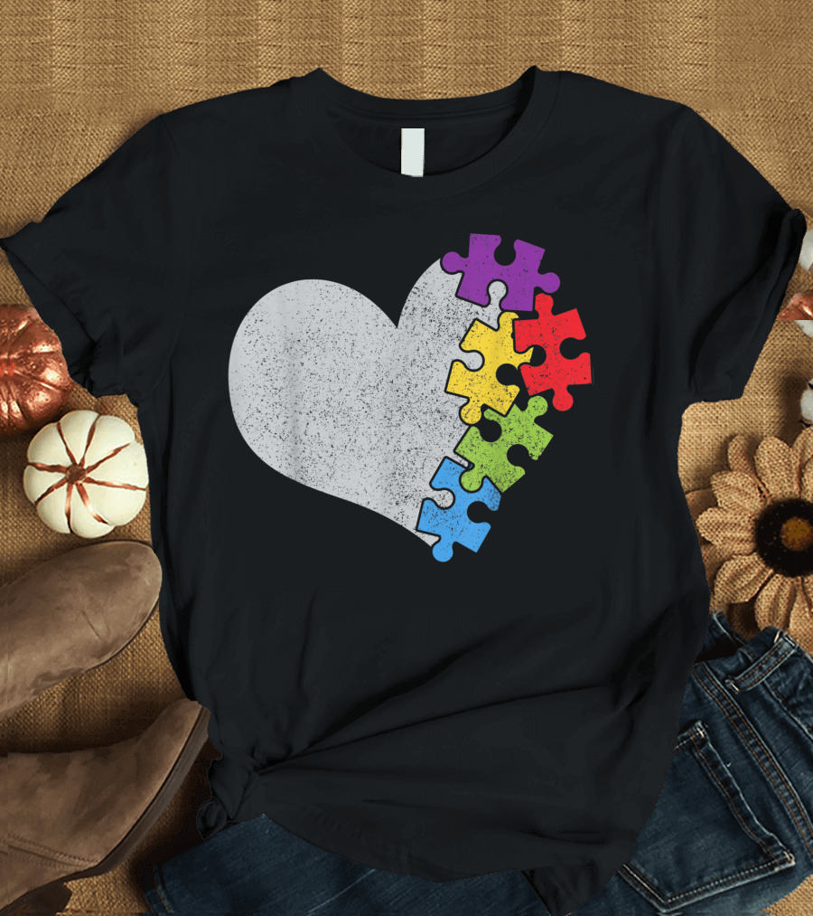 Autism Awareness Month Puzzle Heart Pride Rainbow Colors T-Shirt