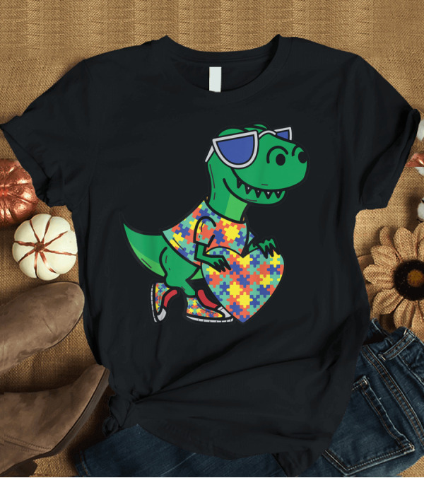 T-Shirt: Autism Awareness Month Dinosaur Wearing Puzzle Piece with Heart Dino T-Shirt Autism Awareness Month Dinosaur Wearing Puzzle Piece with Heart Dino T-Shirt