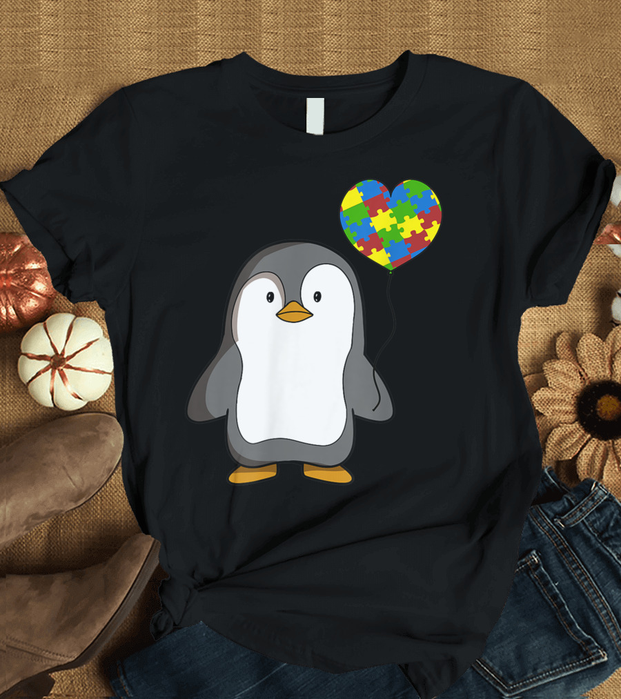 Autism Awareness Penguin Heart Puzzle Balloon T-Shirt