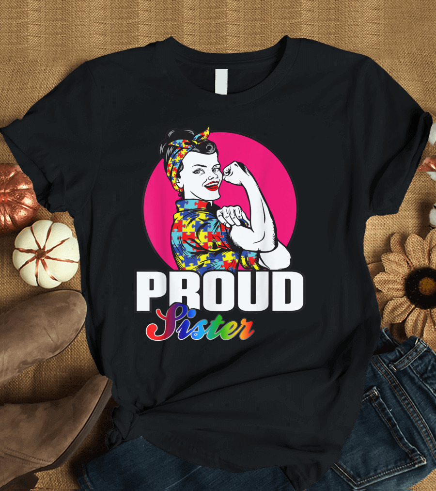 Proud Sister Autism Awareness Embrace Differences Iconic Puzzle T-Shirt