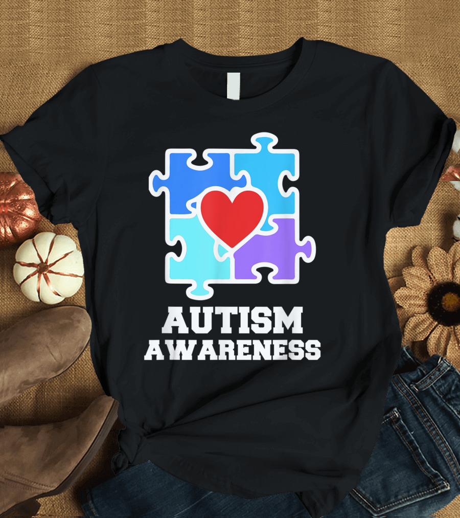 Autism Awareness Puzzle Heart Icon with Red Heart Center T-Shirt