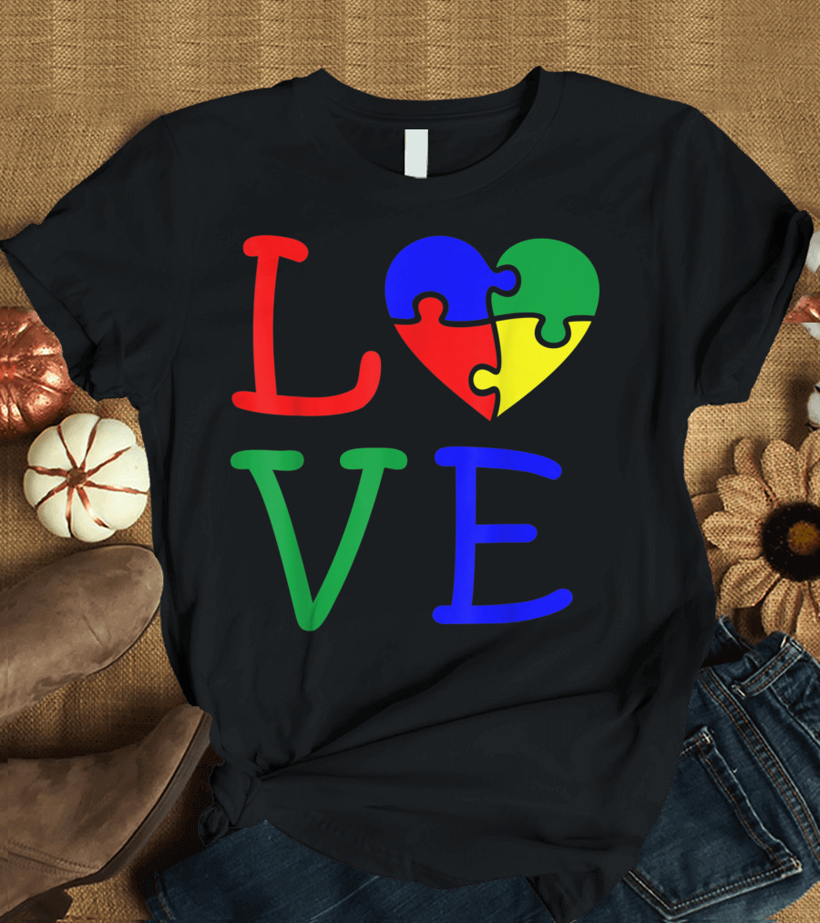Love Autism Awareness Puzzle Piece Heart Colorful T-Shirt
