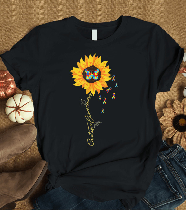 T-Shirt: Autism Awareness Sunflower with Puzzle Piece Butterfly and Ribbons T-Shirt Autism Awareness Sunflower with Puzzle Piece Butterfly and Ribbons T-Shirt