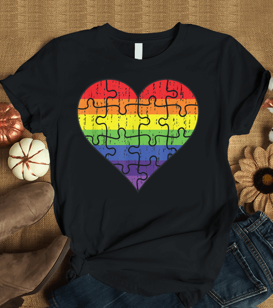 Autism Awareness Heart Puzzle Rainbow Stripes T-Shirt
