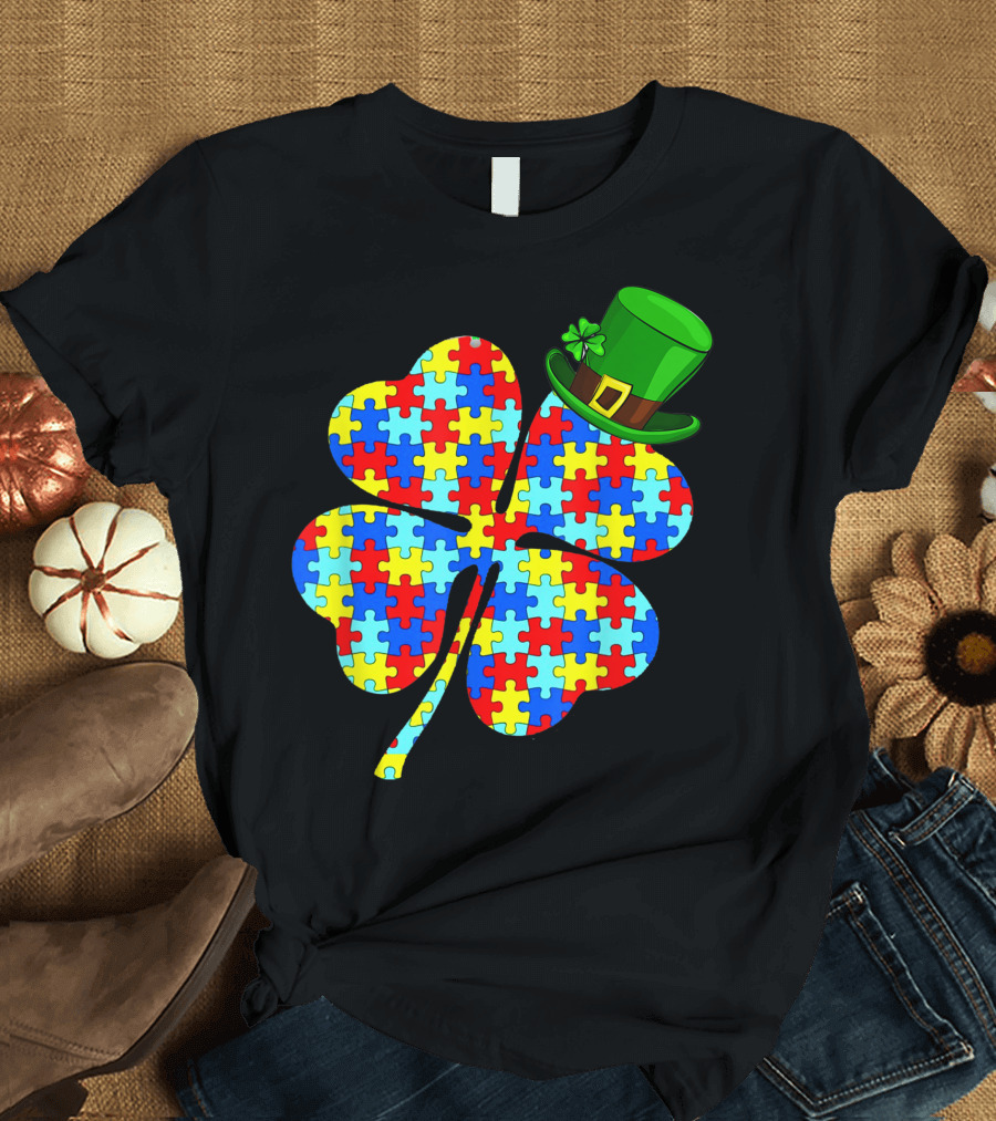 Autism Awareness Puzzle Shamrock Leprechaun Hat St Patricks T-Shirt