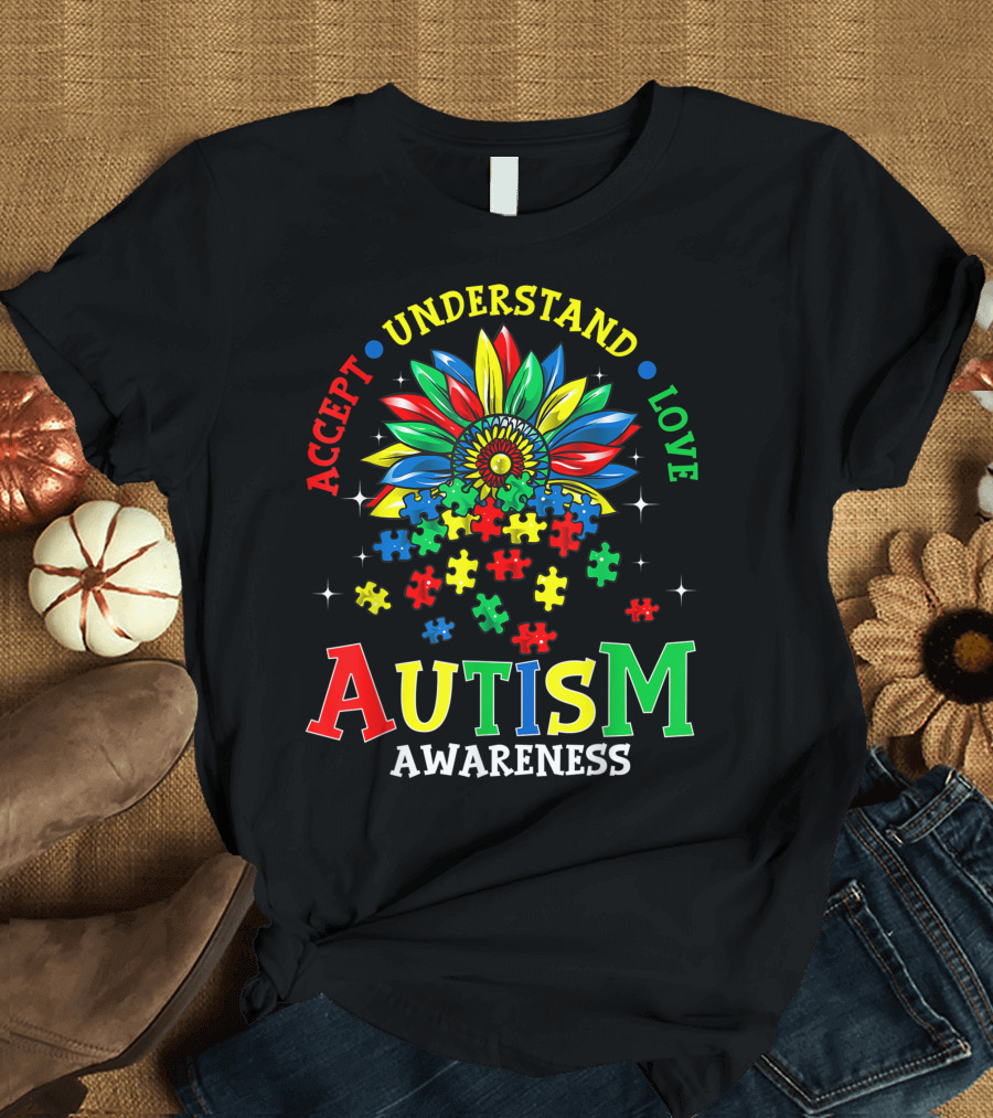 Accept Understand Love Autism Awareness Puzzle Flower T-Shirt