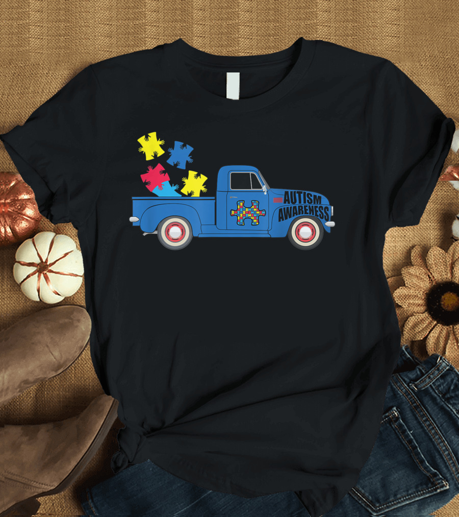 Autism Awareness Puzzle Pieces Blue Truck Women Aspergers T-Shirt